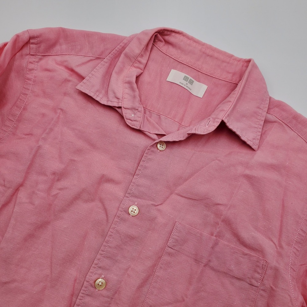 Uniqlo Mens Pink Linen Cotton Short Sleeve Button Down Shirt Size M